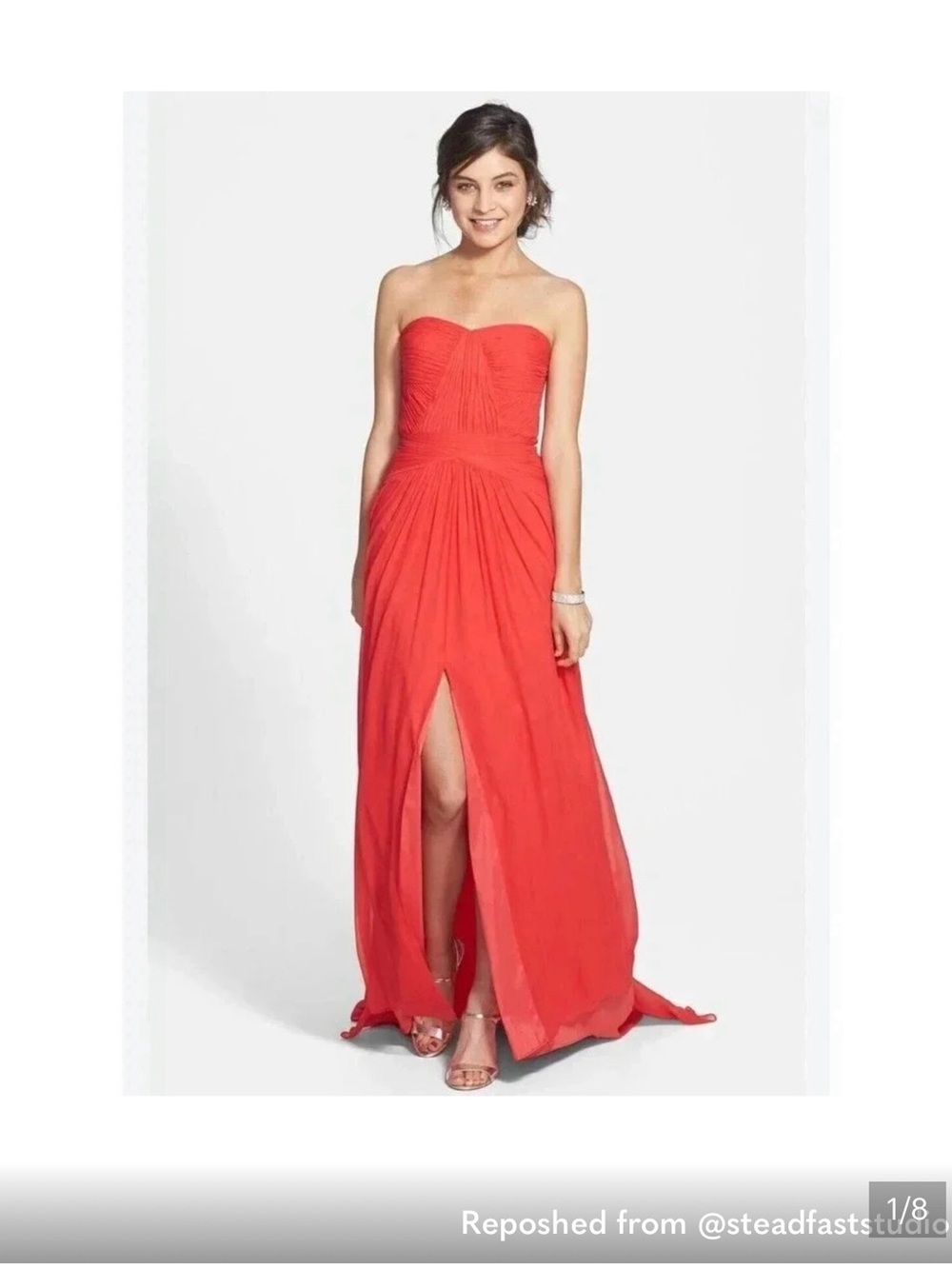 Aidan Mattox Red Chiffon Strapless Ruched Maxi Gown Dress Size 4